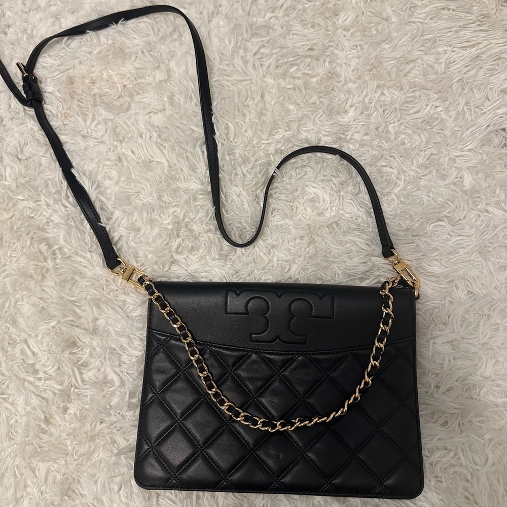 Tory Burch black quilted purse with chain strap and crossbody strap